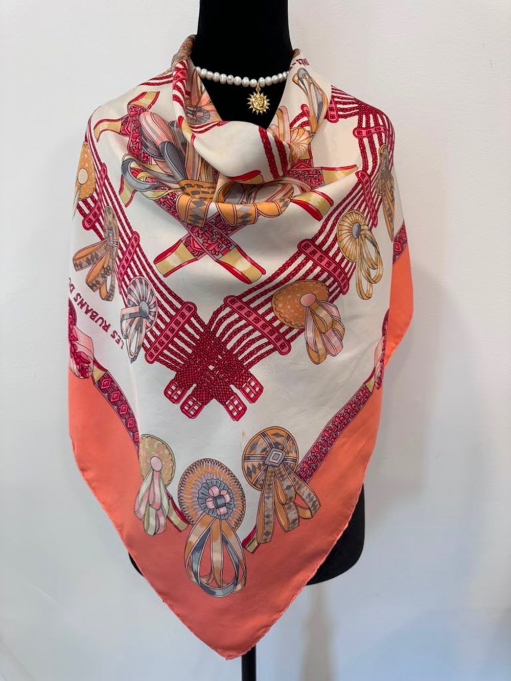 Hermes Coral, Cream & Red Ribbon Motif Silk Scarf